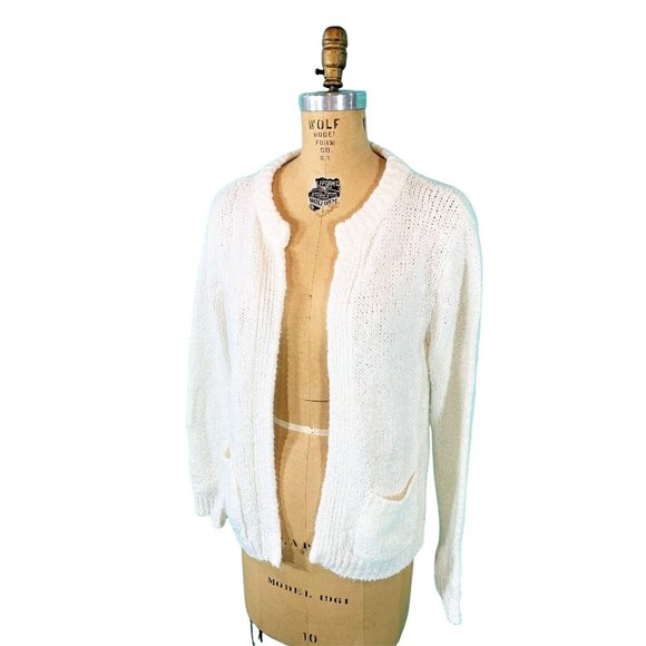 Vintage 1980s Chunky Cardigan Solid White Pocketed Open Sweater - Picture 6 of 10